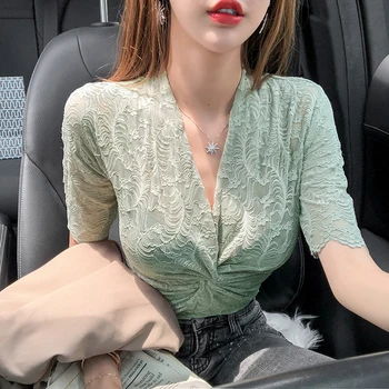 

Women Cross Criss V-neck Lace Blouses Shirts Female Short Sleeve Chic Hollow Out Solid Elasticity Tops Blouses Girls 2020 Summer