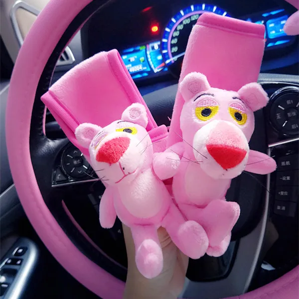 Мультяшная милая плюшевая розовая леопардовая кукла подголовник автомобиля безопасный наплечный блок ручной тормоз набор крышка рулевого колеса розовый леопард