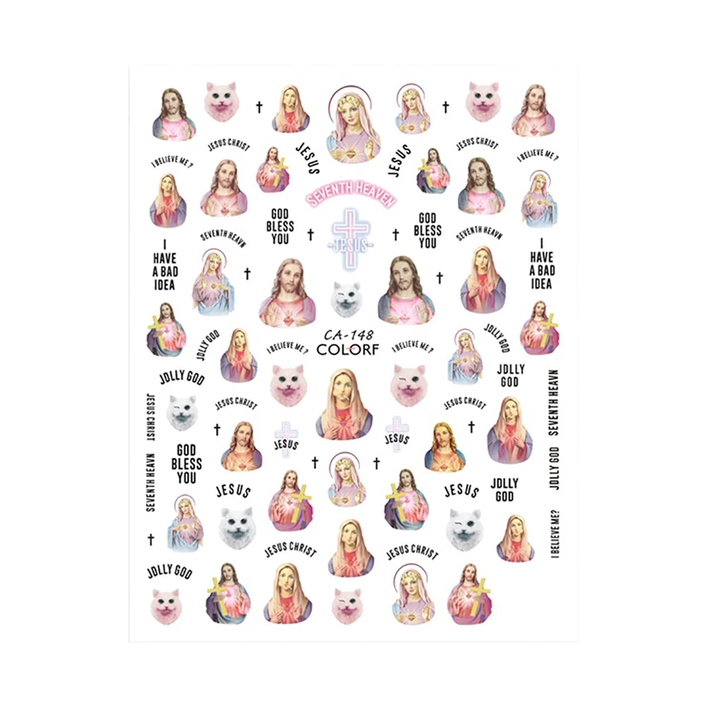 

1 Sheet Virgin Mary Jesus Christ 3D Nail Angel Cupid Sticker Colorful Religious Series Self Adhesive Sticker Nail Art Decoration