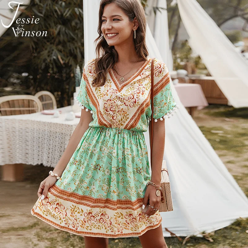 Jessie Vinson Boho Print Short Beach Dress Women Summer Short Sleeve V neck  Mini Dress Bohemian Pom Pom Ball ZA Dresses 2020|Dresses| - AliExpress