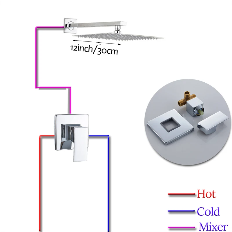 Rozin Wall Mount Rainfall Shower Faucet Set Chrome Concealed Bathroom
