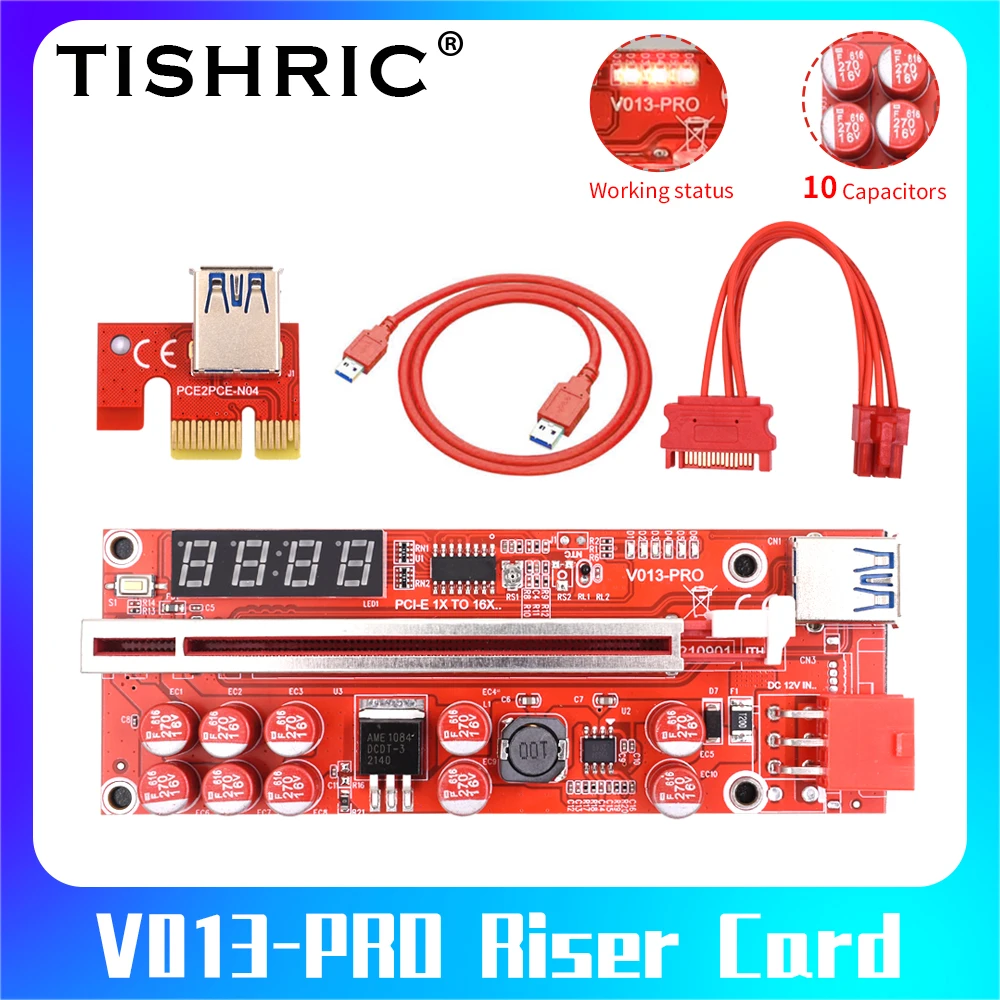 Кабель питания TISHRIC V013 Pro PCIE Riser 013 1-10 шт. кабель для майнинга x1 x16 SATA на 6 контактов USB