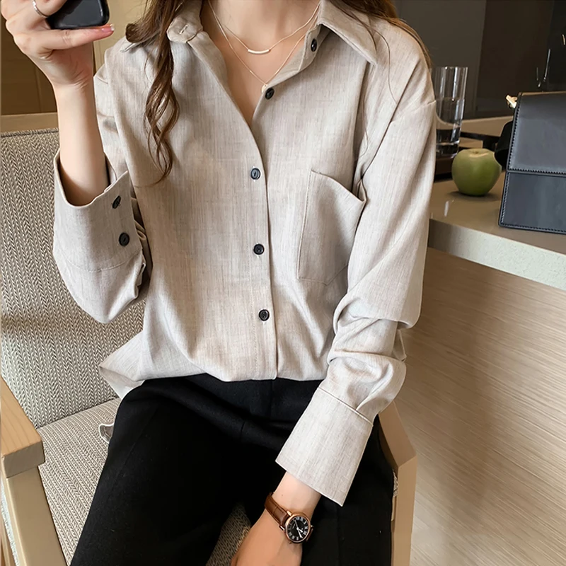 

New Arrival Women Solid Gray Blouse Batwing Long Sleeve Pockets Oversize Shirt Turn-Down Collar Top Blusa Femenina T99201F
