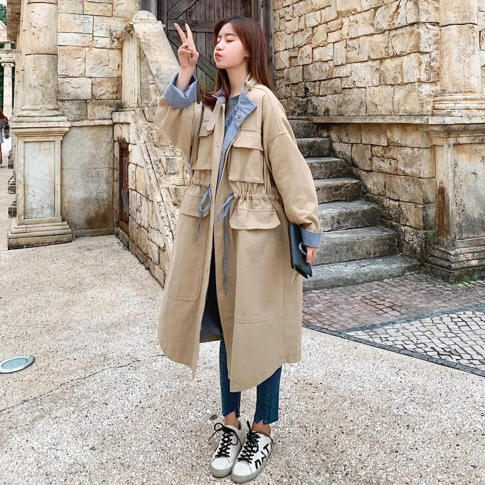 

Photo Shoot 2019 Spring And Autumn Oversize Kaki Contrast Color Stand Collar Mid-length Workwear Drawstring Waist Hugging Trench