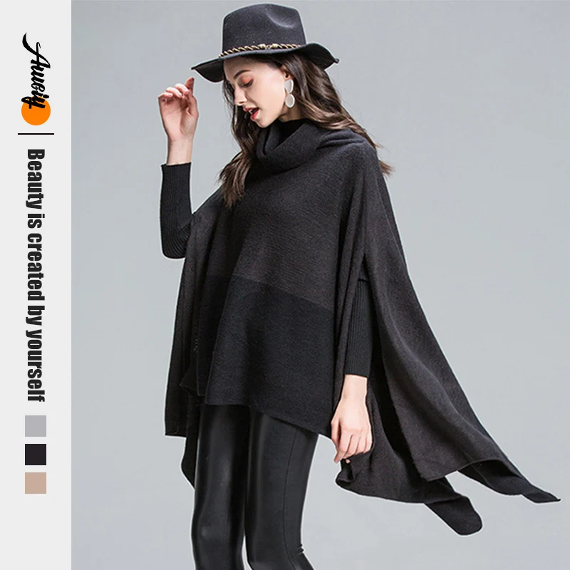 New Fashion Two-color High Collar Shawl Ladies Scarf Thick Windproof Warm Knitted Winter Cloak Ponchos Mujer Asimetrico |