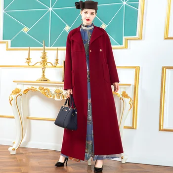 

2020 European Style Wool Coat Winter Cashmere Turn Down Collar Slim Waist Pockets Outwear with Belt Big Size DZ1242