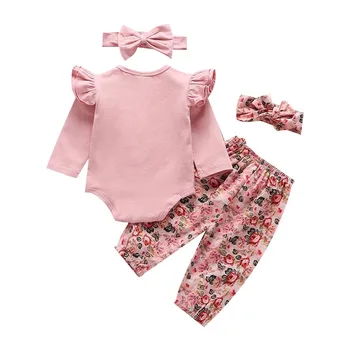 

Four-piece Spring Autumn Baby Bodysuit And Floral Printing Trousers And Headbands Kids Outfit Set 0-2Y n