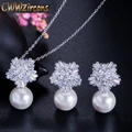 CWWZircons высокое качество серебристый цвет ААА + кубический цирконий цветок для женщин Большой жемчуг ожерелье кулон и серьги Ювелирные наборы T049 - фото
