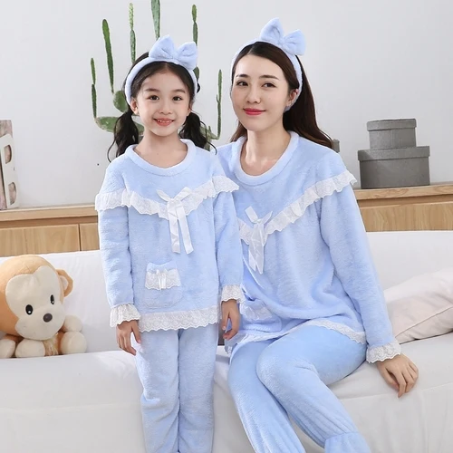 Комплект зимней фланелевой пижамы; коллекция года; одинаковые рождественские пижамы для всей семьи; повседневная домашняя одежда; теплая детская одежда для сна для девочек; одежда для мамы - Цвет: RQT hui 9907 blue