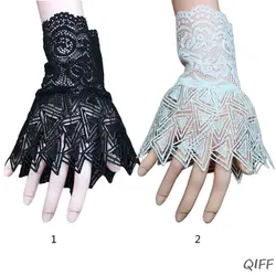 Женские Ажурные кружевные перчатки с треугольной вышивкой и роговыми манжетами, солнцезащитные перчатки с накладным рукавом