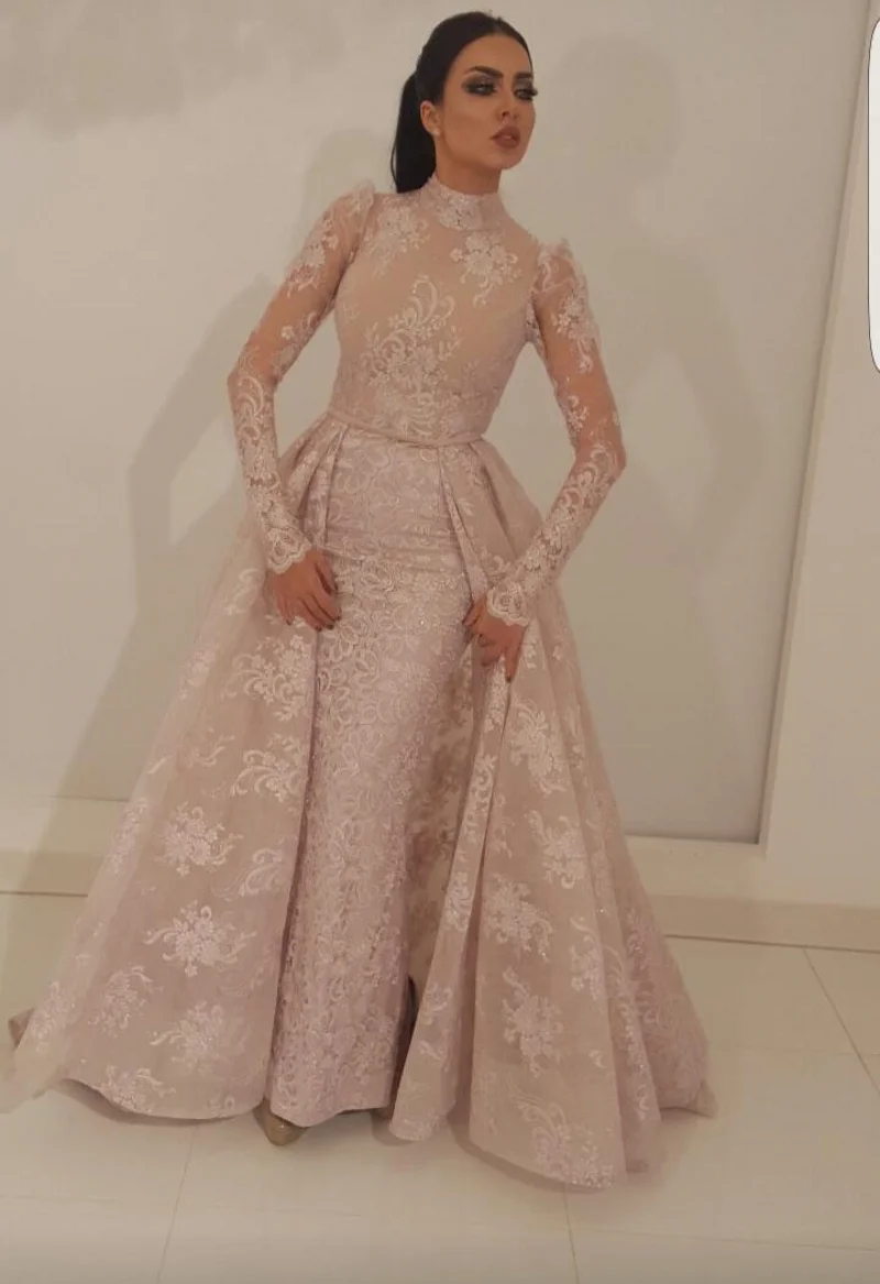 

Funyue Long Sleeves Lace Mermaid Muslim Evening Dresses High Neck Dubai Saudi Arabic Long Formal Party Gown Prom robe de soiree