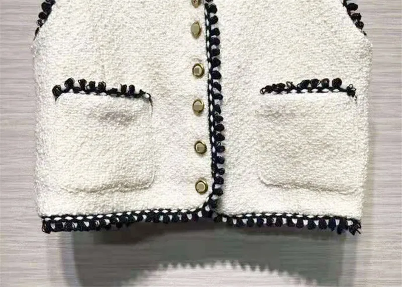 High Quality Winter Women White Tweed Vest Runway Single Breasted Pocket Lady Causal Vest Jacket Coat Fashion Clothes