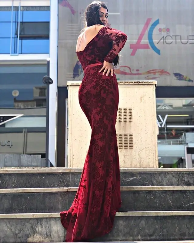 Robe De Soiree кружевное сексуальное платье-Русалка вечернее платье с открытыми плечами с длинным рукавом V вечернее платье длинное женское вечернее платье