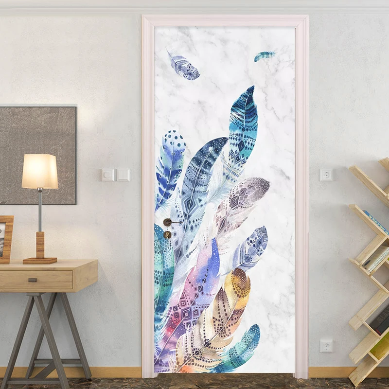 Self Adhesive 3d Door Sticker Home Decor Colored Feather Waterproof Print PVC Poster Wall Artwork Picture Suit For Children Room
