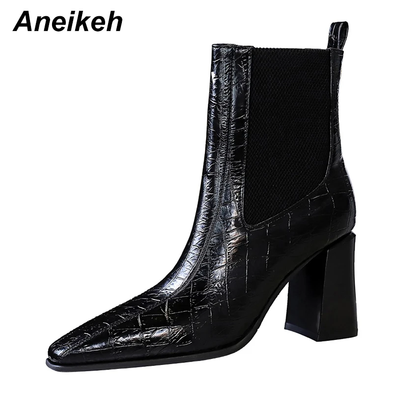 Aneikeh Women's Winter Boots 2020 Sewing Fashion Casual Retro Patchwork Elastic Band Concise Wedding Chelsea ANKLE Ladies Shoes