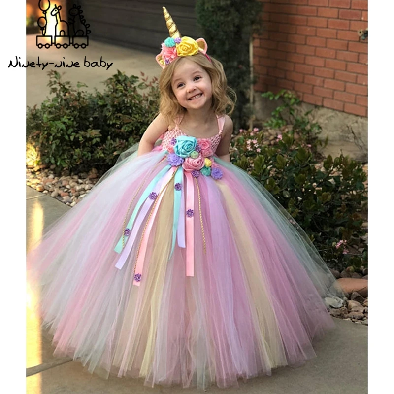 Пастельное платье-пачка с единорогом для девочек детское платье на бретелях из тюля «кроше» бальное платье с ромашками, платье с ленточками, Детский карнавальный костюм