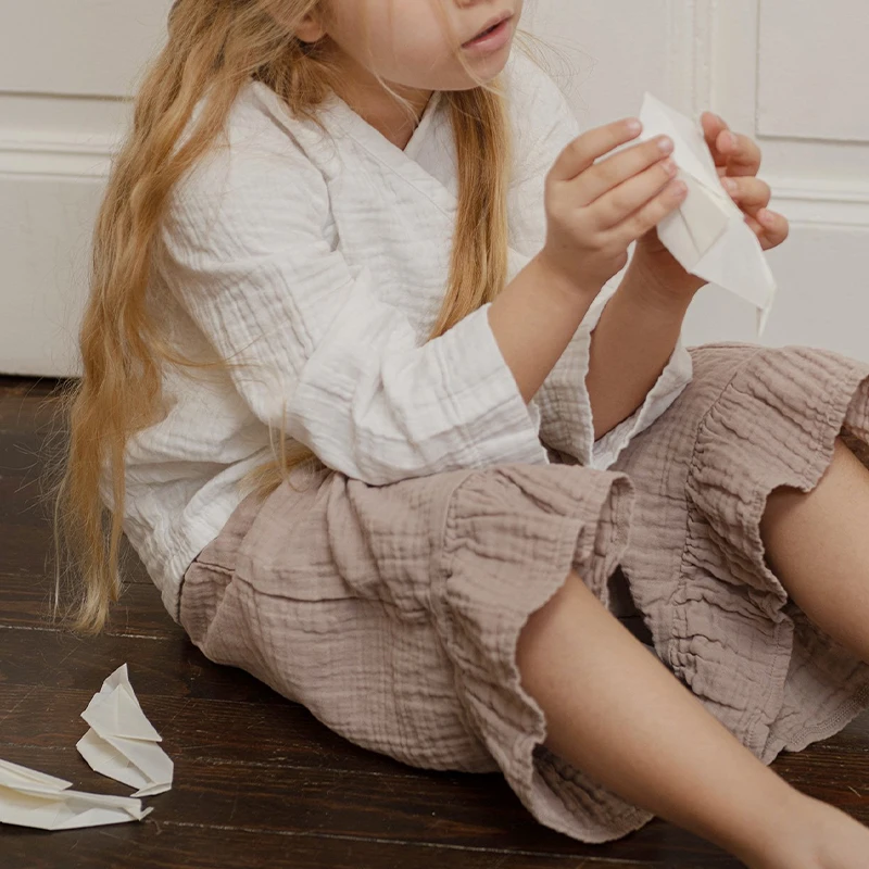 Cotton Girls Japanese White Shirts Spring New Children Long-Sleeve V-neck Bandage Cardigan Casual Blouse Kids Clothes