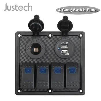 

Justech 4 Gang Switch Panel Power Socket 12V-24V DC 3.1A Dual USB Waterproof Car Marine Blue LED illuminated Rocker Switch
