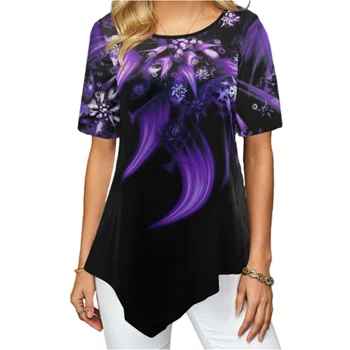 

Women Colorful Print Irregular Hem Shirt Round Neck 2020 Summer New Casual Short Tshirts Plus Size S-5XL Tops Tees Lady Shirts