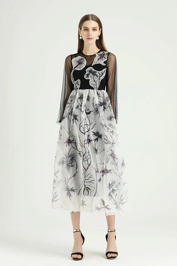 AELESEEN, подиум, модное платье,, женское, весна, осень, винтажное, длинный рукав, сетка, цветочный принт, длинное, повседневное, вечерние, элегантное платье