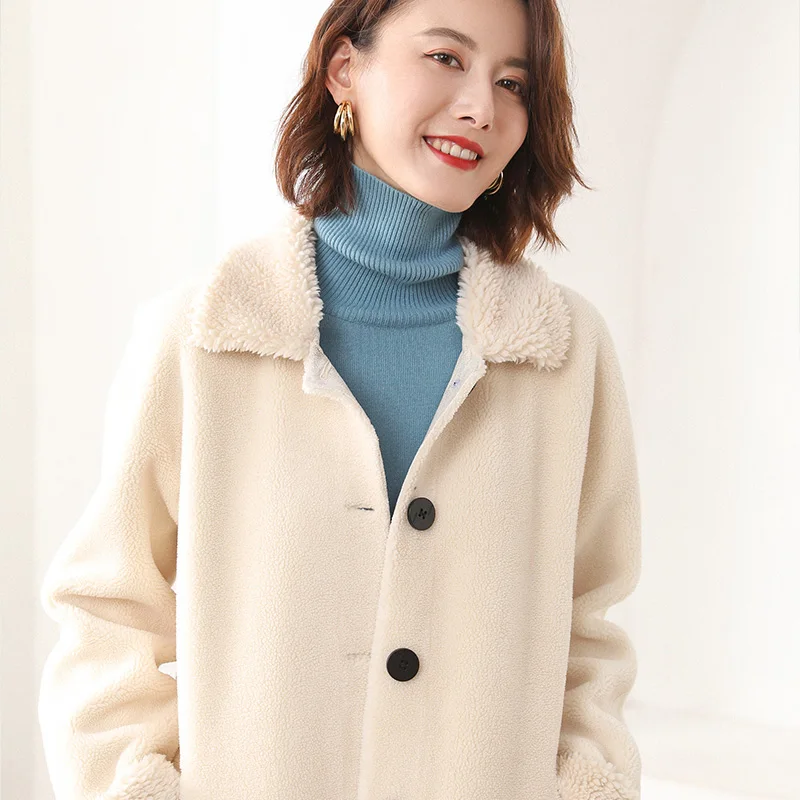beige white Зимнее пальто для женщин, теплая верхняя одежда, свободная Меховая куртка, пальто из искусственного меха, шерстяное пальто, Свободный кардиган, однотонный, толстый женский топ, пальто - Цвет: beige white