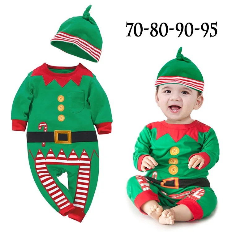 BOY'S Autumn Clothing Long Sleeve Onesie Green Christmas Romper Climbing Clothes with Cap |