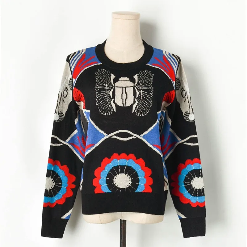 

Luxury Brand Designer Knitted Pullovers for Women Causel O Neck Contrast Jacquard Beetle Knitted Sweater