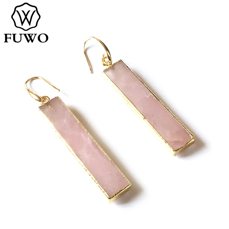 FUWO Wholesale Natural Rose Quartzs Drop Earrings,Golden Plated Rectangle Pink Crystal Jewelry For Women Gift 5Pairs/Lot ER226