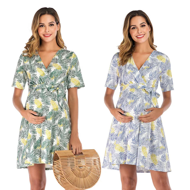 

6020 # Europe And America WOMEN'S Dress Season New Style Hot Selling Bandage Cloth Loose And Plus-sized Printed Pregnant Women D
