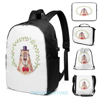

Funny Graphic print Sir Capybara USB Charge Backpack men School bags Women bag Travel laptop bag