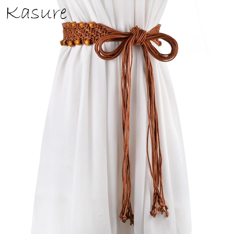 

KASURE Bohemian Braided Belt Women Wooden Bead Knitted Waistband Vintage Weave Tassels Casual Boho Woven Belts Dress Decoration