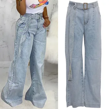 

Womens Fashion High Waisted Distressed Jeans Light Blue Straight Casual Loose Wide Leg Pants Cowboy Trousers