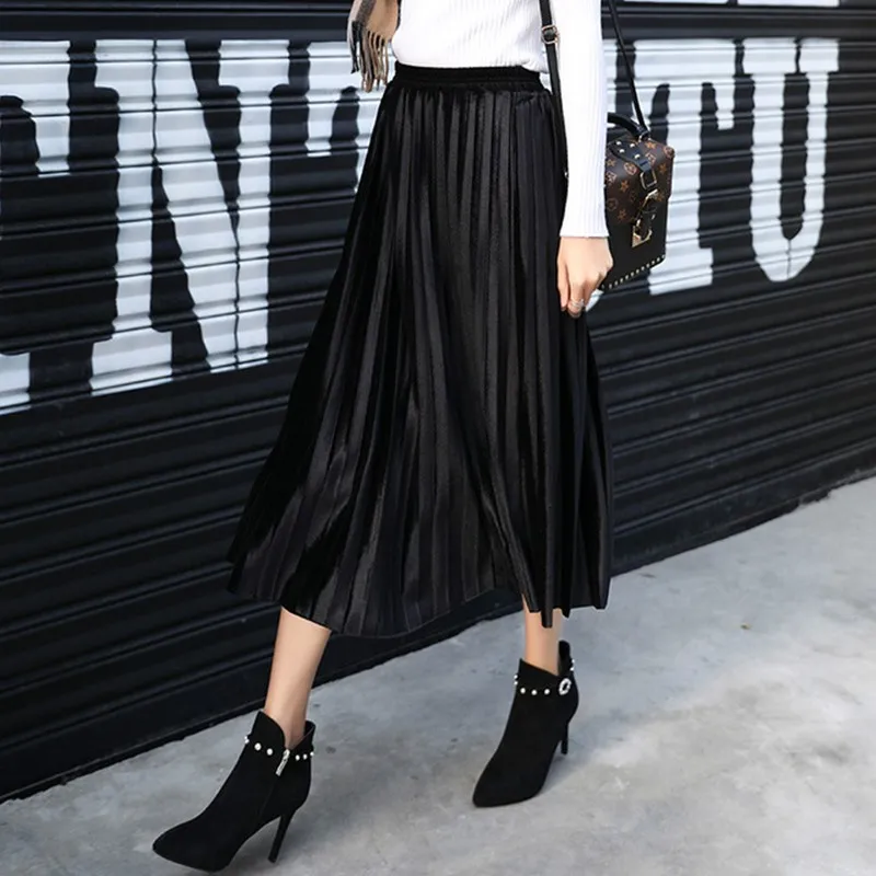 Long velvet Pleated Women's skirt Autumn Winter harajuku High Waist black skirts womens 2019 Silver sexy Casual Party maxi Skirt