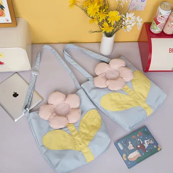 

Girls Sweet Floral Blue Tote Bag Teenager Summer Japanese Fashion Comic Kawaii Shopper Tote Youth Fabric Stylish Shoulder Bag