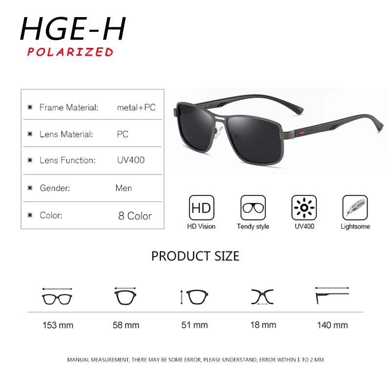 HGE-H, брендовые модные поляризационные мужские солнцезащитные очки, квадратная металлическая оправа, мужские солнцезащитные очки, очки для вождения, рыбалки, UV400, очки KD91