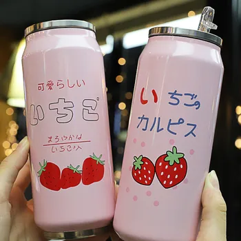 

500ml Cute Strawberry Girly Insulated Water Bottle 304 Stainless Steel Portable Wide Mouth Can Water Cup Travel Thermos Bottle