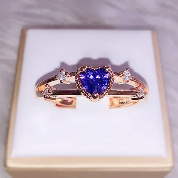 

Fashion Rose Gold Amethyst Ring Luxury Heart Shaped Treasure Crystal Zircon Ring Cute Exquisite Petite Lady Jewelry