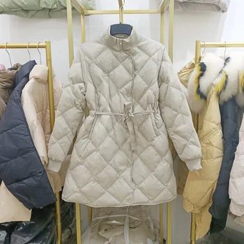 

New down jacket women s long stand collar slim waist tie white duck down early winter coat