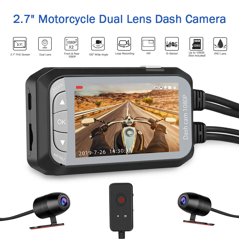  Waterproof Dual Motorbike Action Camera Recorder DVR HD 1080P Front and Rear View Motor Electronics