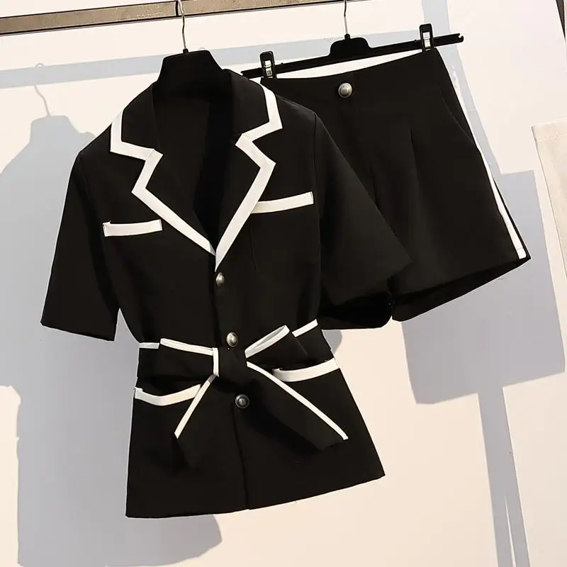 

2019 Summer Short Two Piece Set Women Summer Skirt Sets Loose Shirt Top + black Wide Leg Mini Pants Female Work Wear Fashion Sui