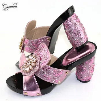 

Hot Sale African Lady Pink High Heel Shoes Nice Pumps With Rhinestones For Wedding/Party CR2113 Heel Height 9.5CM