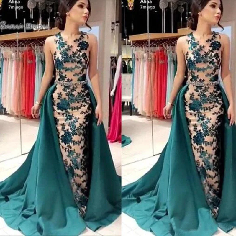 

High Quality Lace Appliques Mermaid Long Prom Gowns Detachable Train Fashion Beaded Evening Party Dresses Formal Robe De Soiree