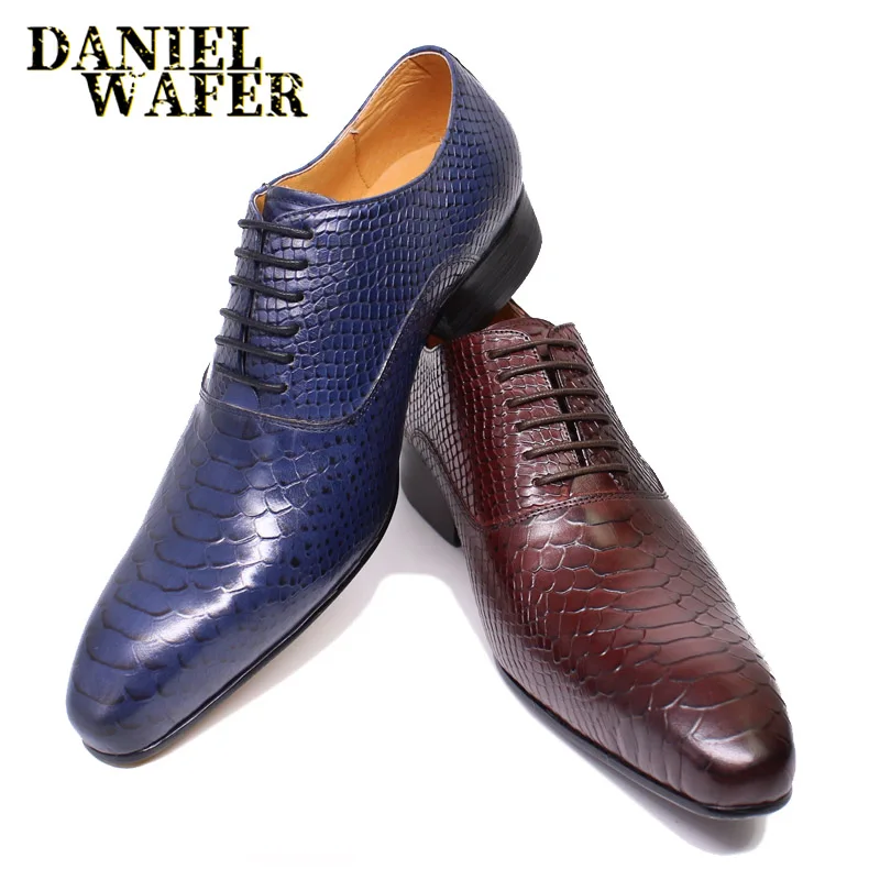 

LUXURY MEN LEATHER SHOES SNAKE SKIN PRINTS MEN BUSINESS DRESS CLASSIC STYLE BURGUNDY BLUE POINTED TOE LACE UP OXFORD SHOES MEN
