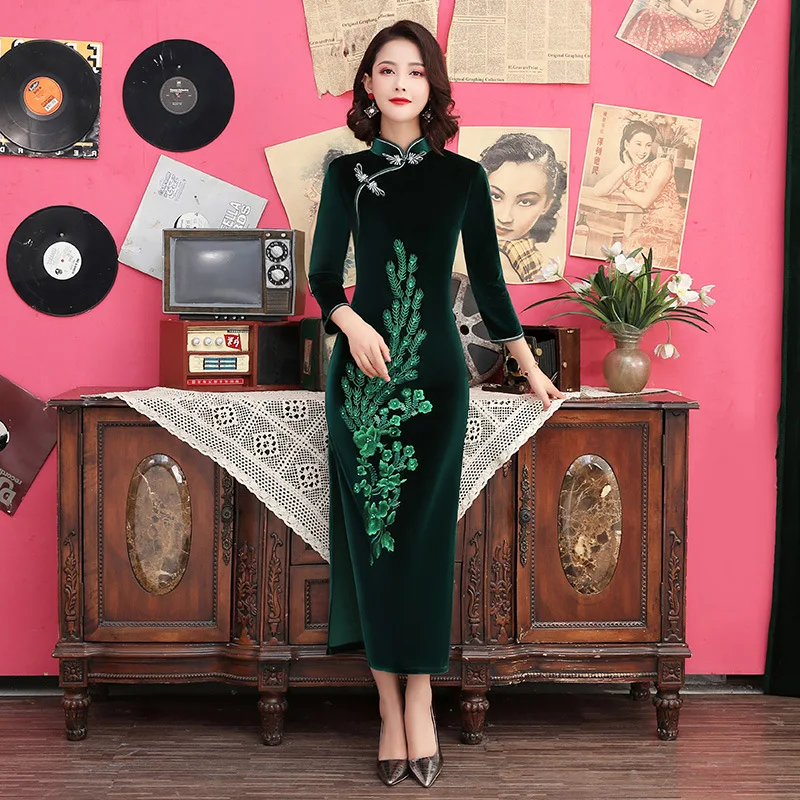 Китайский стиль для женщин Qipao Мандарин воротник длинный Cheongsam Винтаж Кнопка Сексуальная Высокая Сплит Vestidos плюс размер 3XL 4XL 5XL