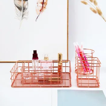 

Rose Gold Iron Storage Box Desktop Debris Basket Modern Storage Racks Home Garden Organization Pink Desk Office Accessories