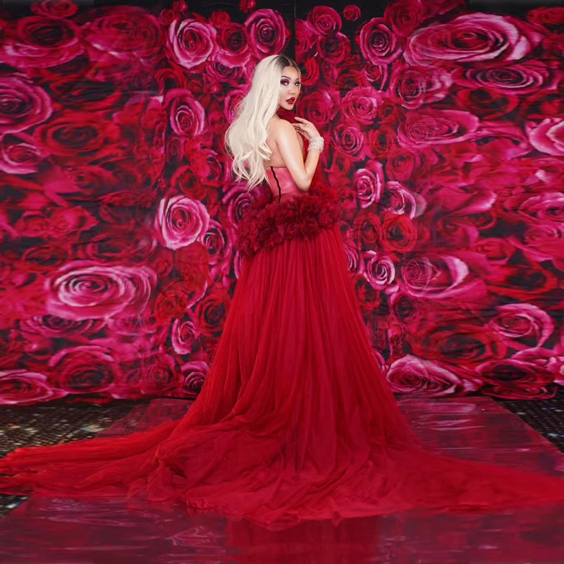 

2019 Latest Fashion T Show High Split Maxi Dress Sexy Red Sheer Mesh Long Dress Luxury Celebrity Evening Party Dresses Vestidos