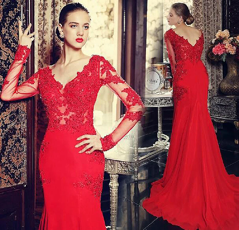 Vestido de Formatura Скидка Русалка Красный шифон Вечерние платья с длинным рукавом платья для выпускного вечера