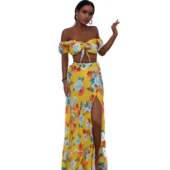 

2020 New Bohemian Style Holiday Beachwear Women's Sets Floral Print Strap Tops + Maxi Skirts Saia Femme Long Falda