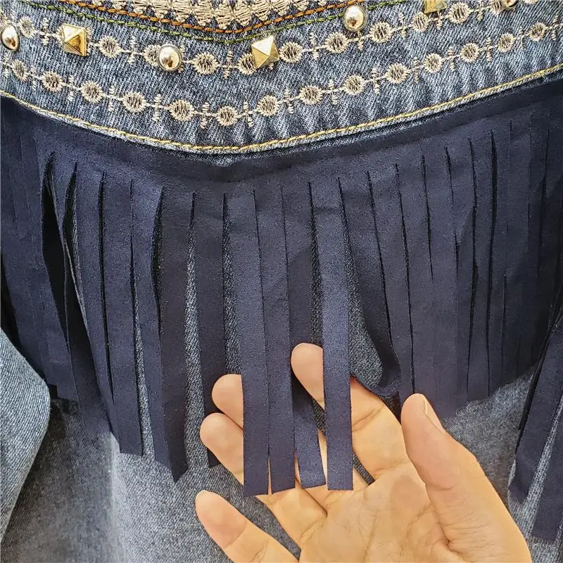 discounted  Denim women jacket new spring vintage floral Embroidery Suede fringe loose coat long sleeve Outerwe