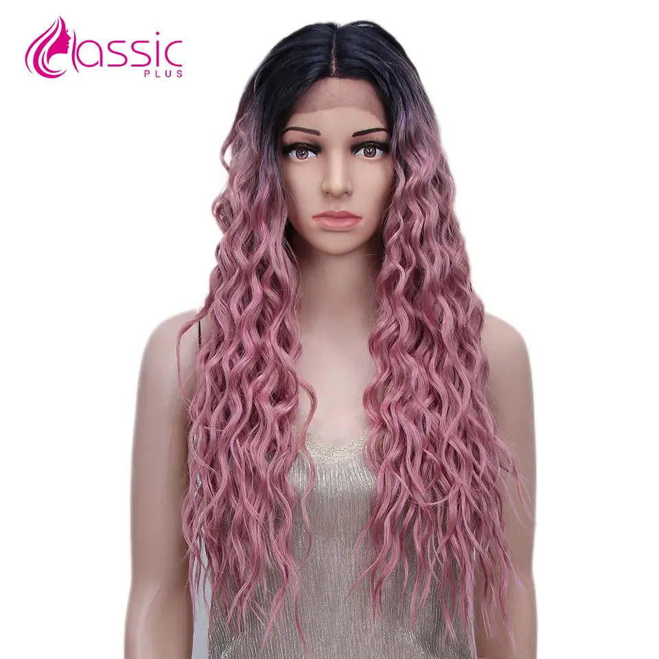 Розовый синтетический парик на кружеве для женщин косплей парик 28 дюймов длинные волнистые вьющиеся пастельные Омбре термостойкие модные парики классический плюс